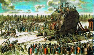 Движение Гром-камня к Финскому заливу зимой 1769-1770 гг. в присутствии императрицы Екатерины II. Раскрашенная гравюра Я.Шлея