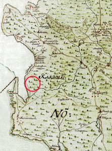 Карта 1704 года. Красной линией указано ориентировочное месторасположение заказника.